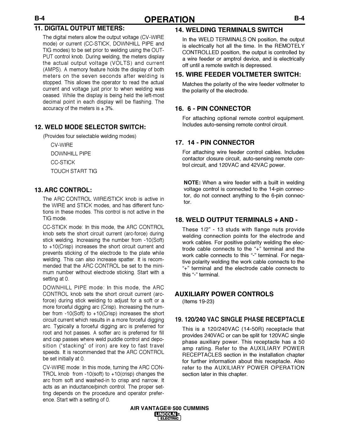 Air Vent Inc IM10065 manual Digital Output Meters, Weld Mode Selector Switch, Arc Control, Welding Terminals Switch 